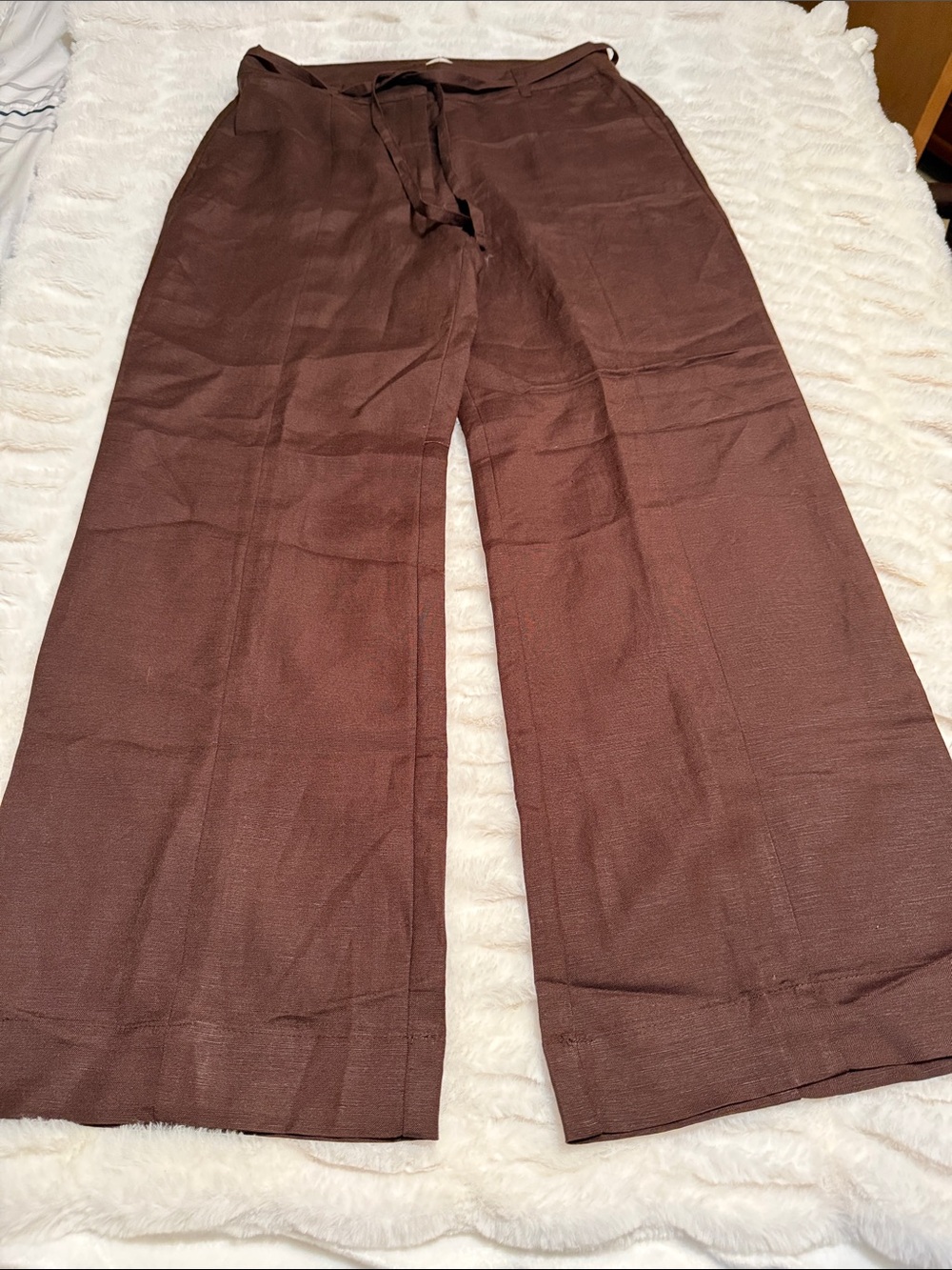 LOFT Wide-Leg Brown Linen-Blend Trousers